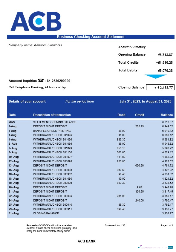 Download ACB Bank firm account statement Word and PDF template Photoshop template